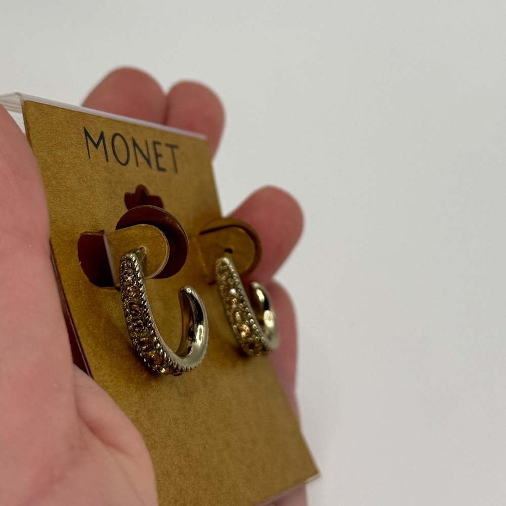 Monet Gold Tone Hoop Rhinestone Earrings NWT